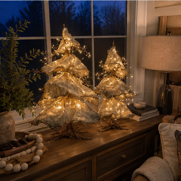 Windswept Winter Trees glowing beside a window
