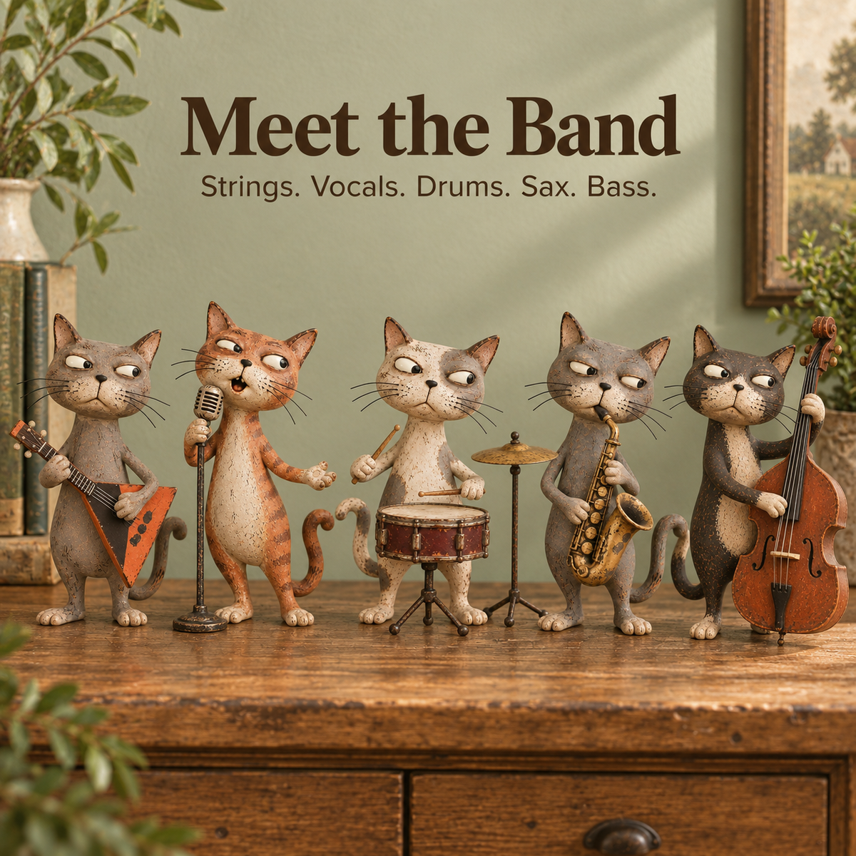 The five cat musicians with string instrument, microphone, drums, saxophone, and upright bass