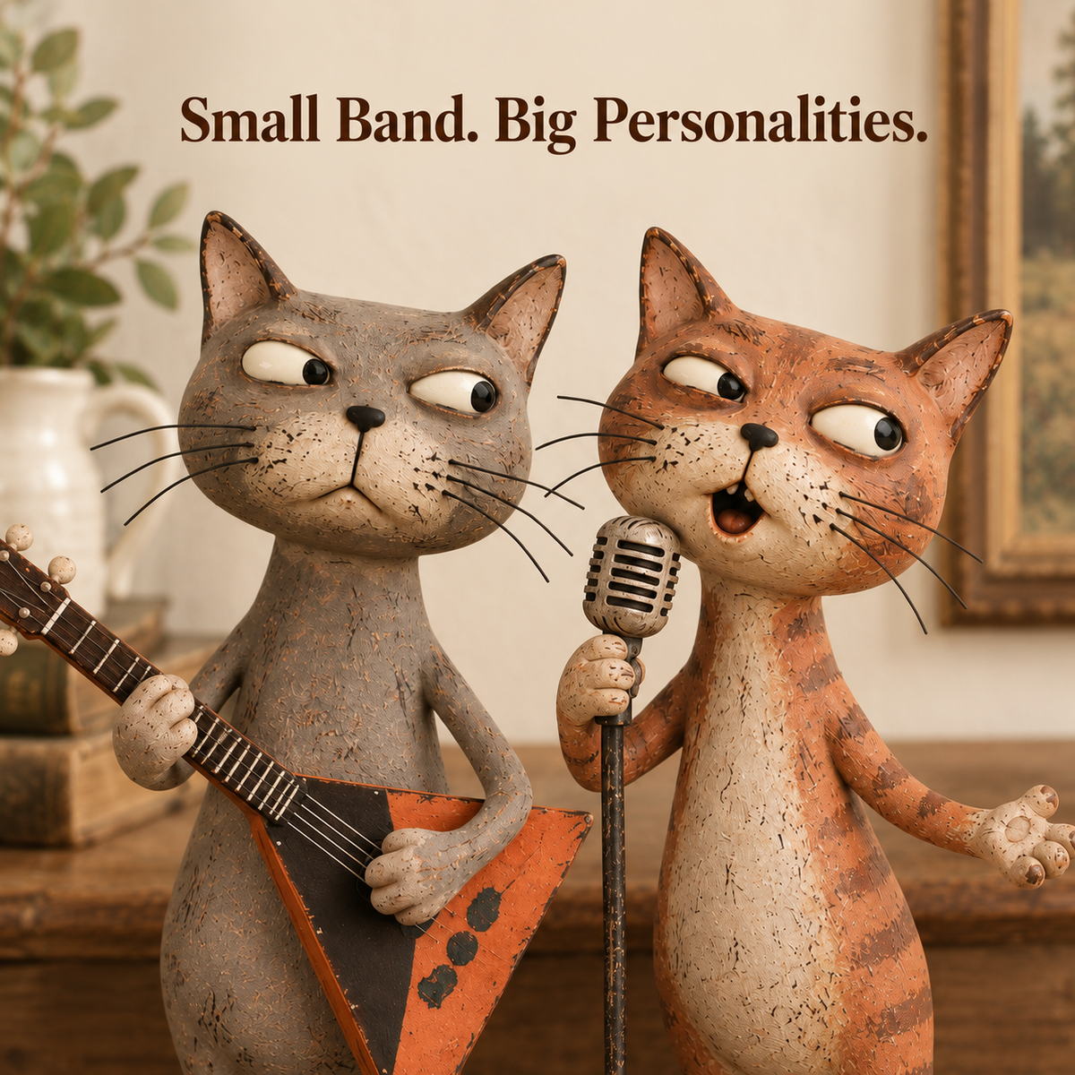 Close view of the gray string player and orange singer showing their expressive eyes and whiskers