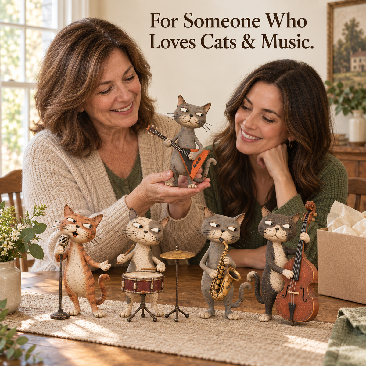 Two women admiring a cat musician figurine beside the other band members and an open gift box