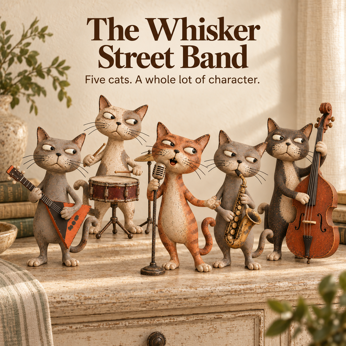 Five vintage-inspired cat musician figurines displayed together on a rustic console
