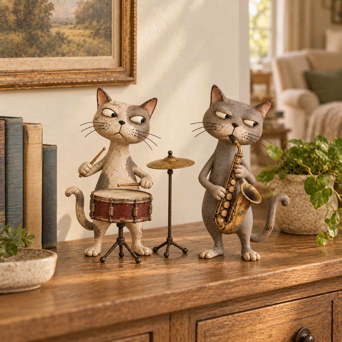 Cat drummer and saxophone player styled together on a wooden console in a warm living room