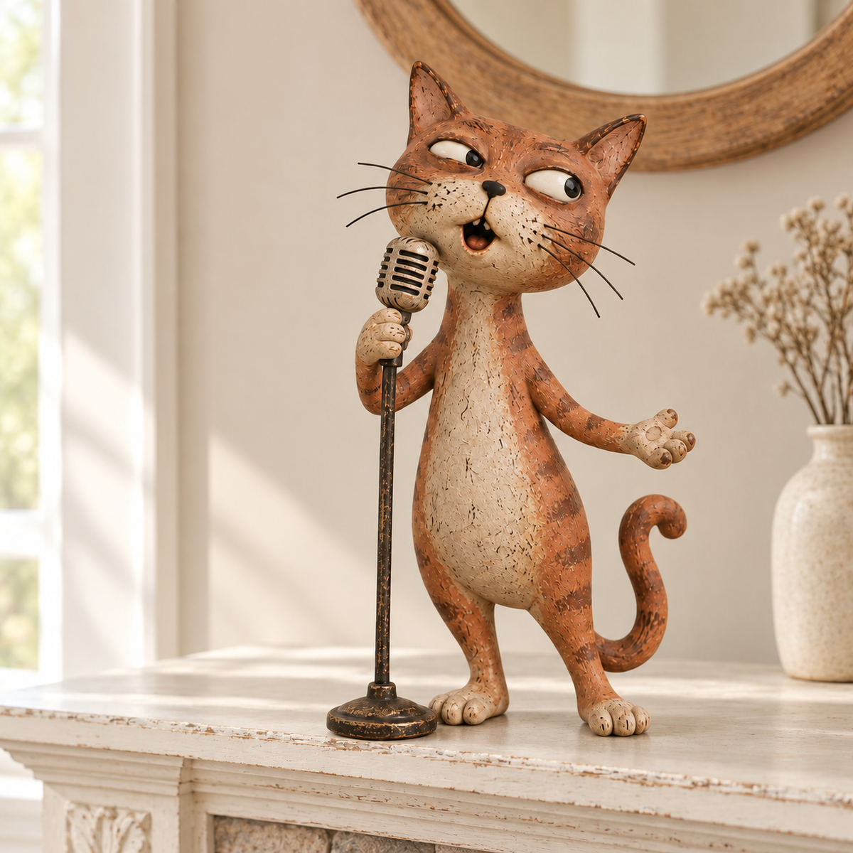 Orange Rusty the Crooner cat figurine singing into a vintage-style microphone on a cream mantel