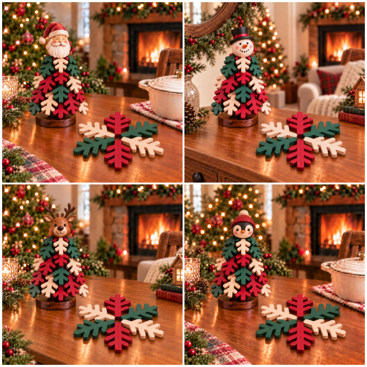 🎄 Christmas Snowflake Character Coasters with Festive Tabletop Holder